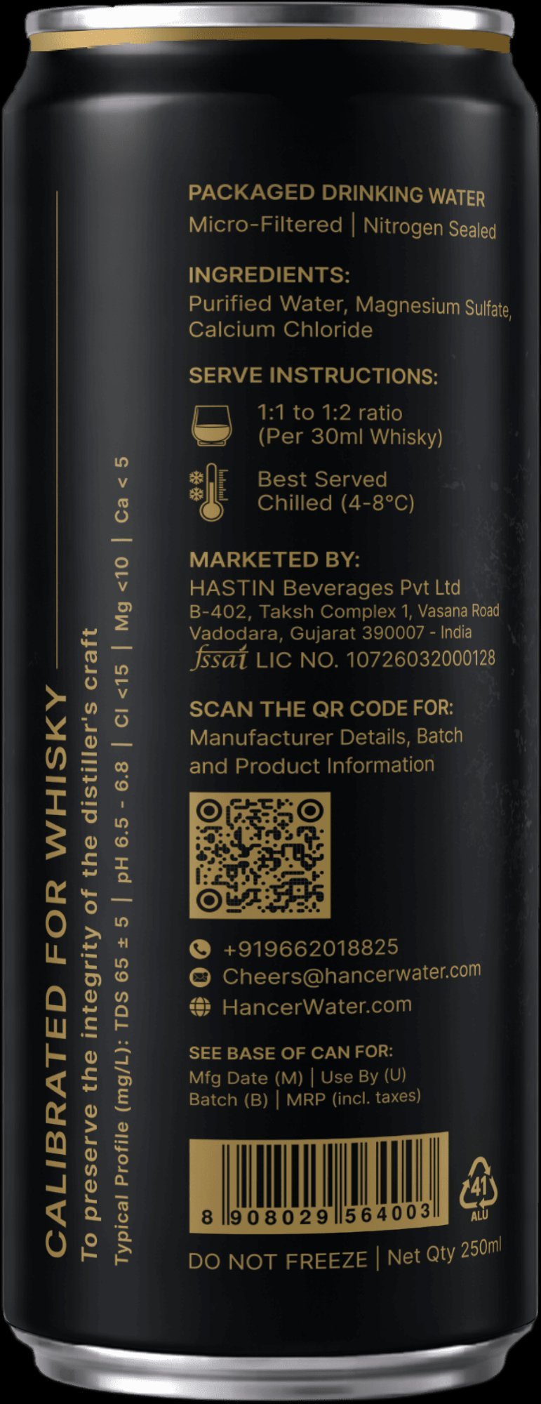 HANCER Blending Water - back of can showing specification